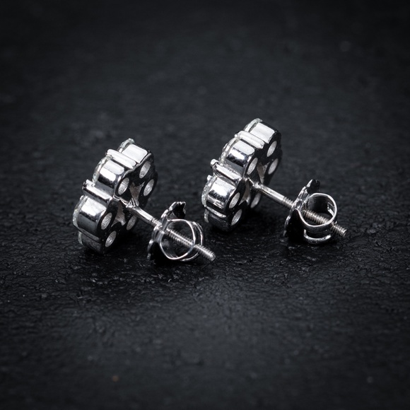 Large Stud Cluster Flower White Gold 925 Sterling Silver Cz Screw Back Earrings - Picture 4 of 5